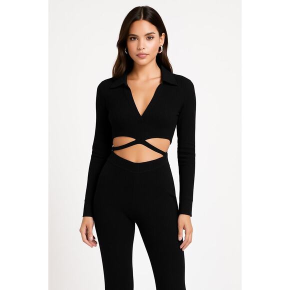 LNA Ribbed Black Cutout Jumpsuit – Size S – Long Sleeve Collared One-Piece – - Picture 1 of 7